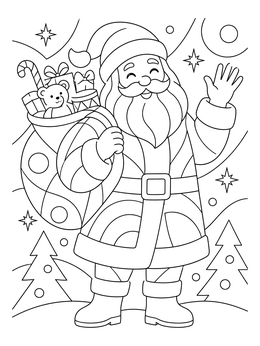 A cheerful Papa Noel waves in this spanish christmas coloring page featuring toys and stars.