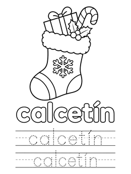 A festive spanish christmas coloring page featuring a holiday stocking with traceable vocabulary practice lines.