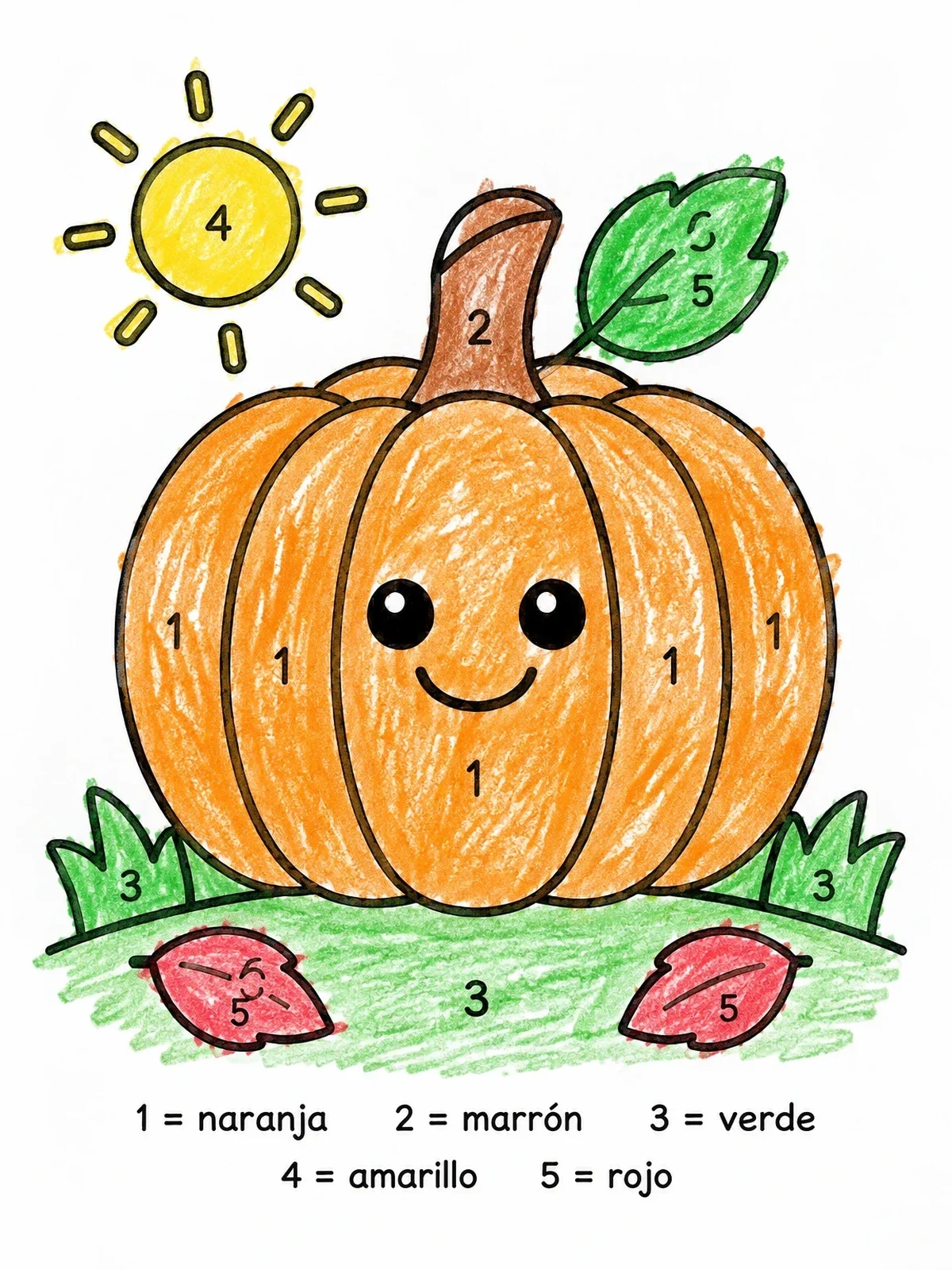 Colored example of the Spanish Color By Number Cute Pumpkin coloring page