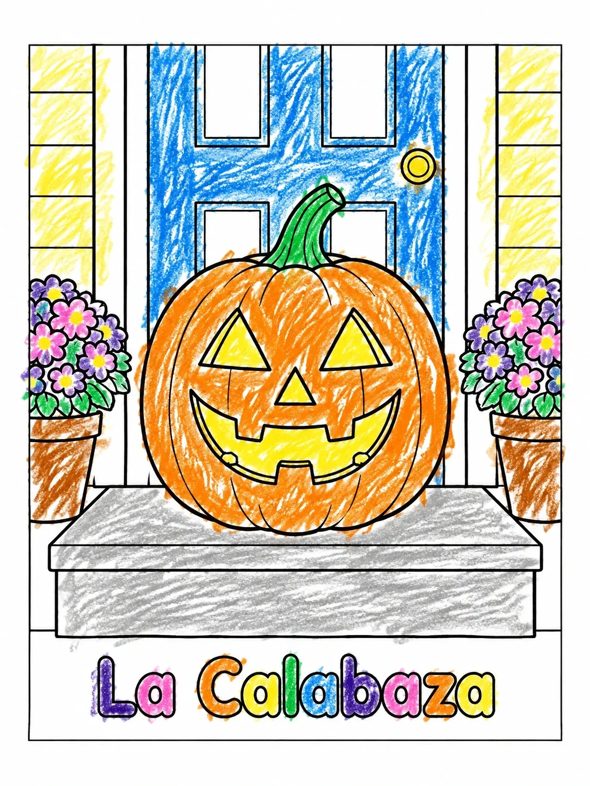 Colored example of the Carved Pumpkin On Front Porch Step coloring page