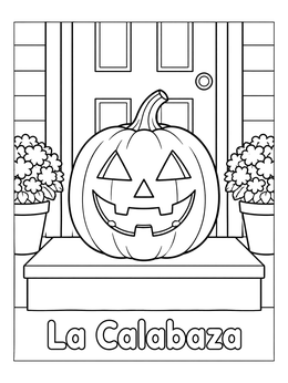 A carved jack-o'-lantern on a doorstep in this spanish halloween coloring page with the text La Calabaza.