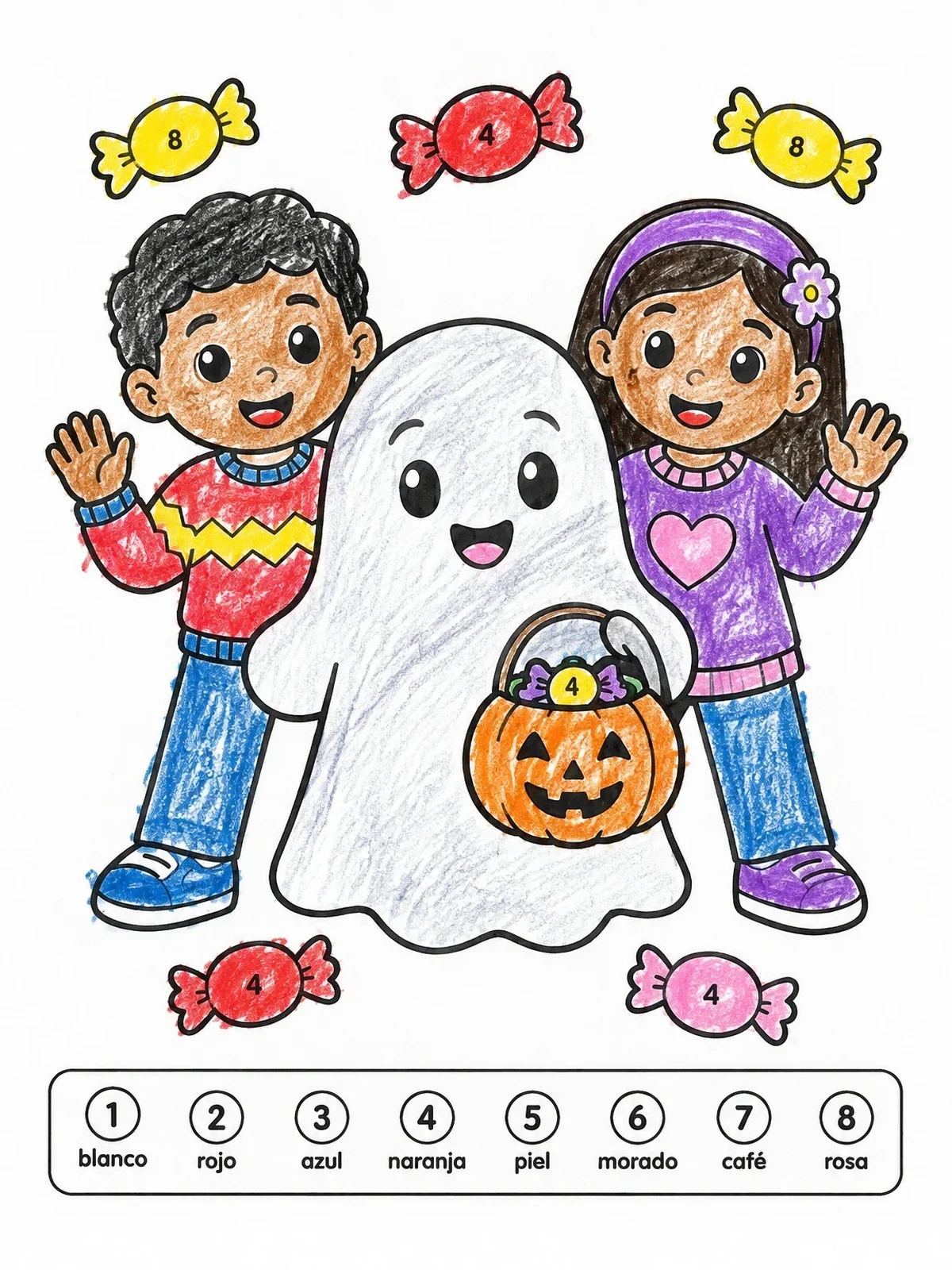 Colored example of the Halloween Color By Number With Ghost And Friends coloring page
