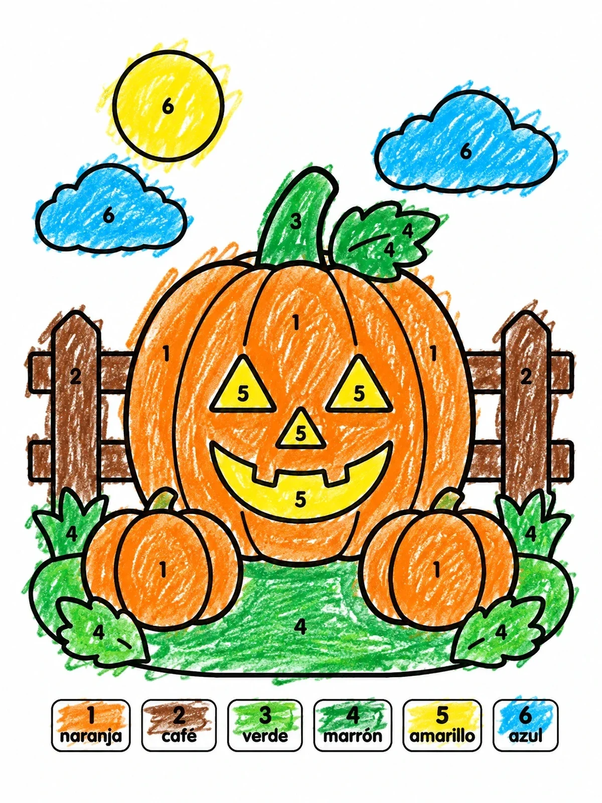 Colored example of the Spanish Color By Number Pumpkin coloring page