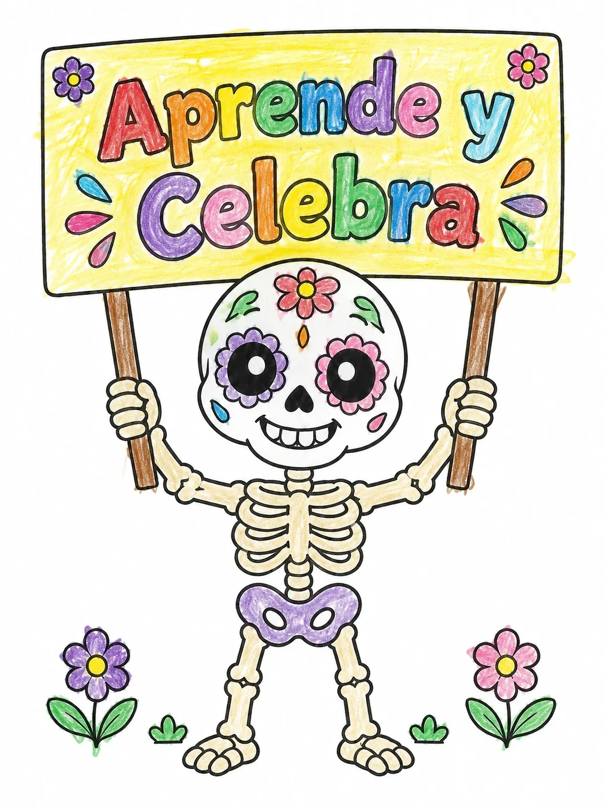 Colored example of the Cute Calavera Skeleton Holding Sign coloring page