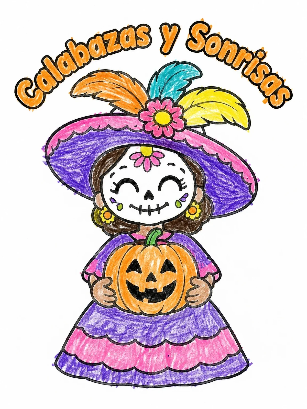 Colored example of the Cute Catrina Holding A Halloween Pumpkin coloring page