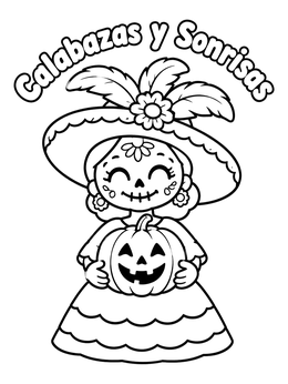 Free printable Cute Catrina Holding A Halloween Pumpkin coloring page
