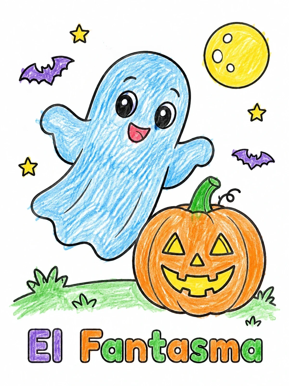 Colored example of the Cute Ghost With Jack O' Lantern coloring page