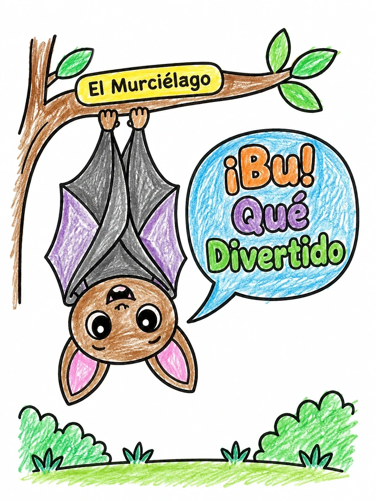Colored example of the Cute Bat Hanging From Branch coloring page