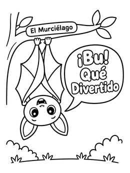A spanish halloween coloring page with an upside-down cartoon bat labeled El Murciélago.