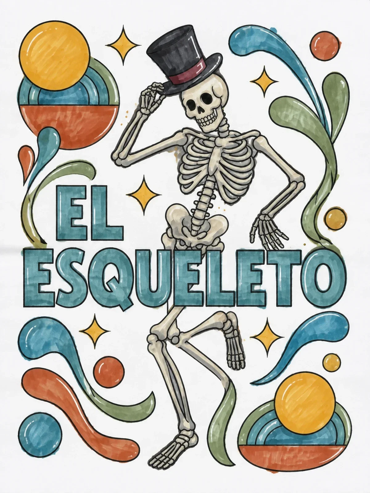 Colored example of the Dancing Skeleton With Top Hat coloring page
