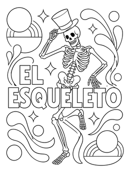 A dancing skeleton tipping a top hat on this spanish halloween coloring page with bold text.