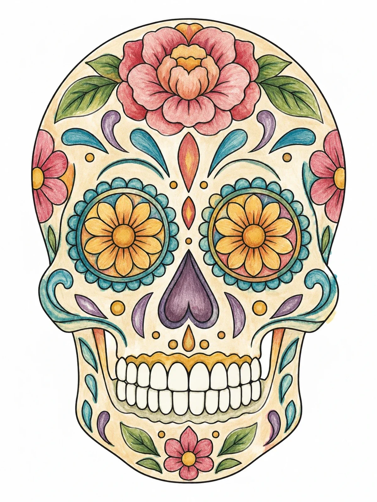 Colored example of the Decorative Sugar Skull With Floral Patterns coloring page