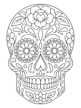 An ornate calavera featured in this detailed spanish halloween coloring page.