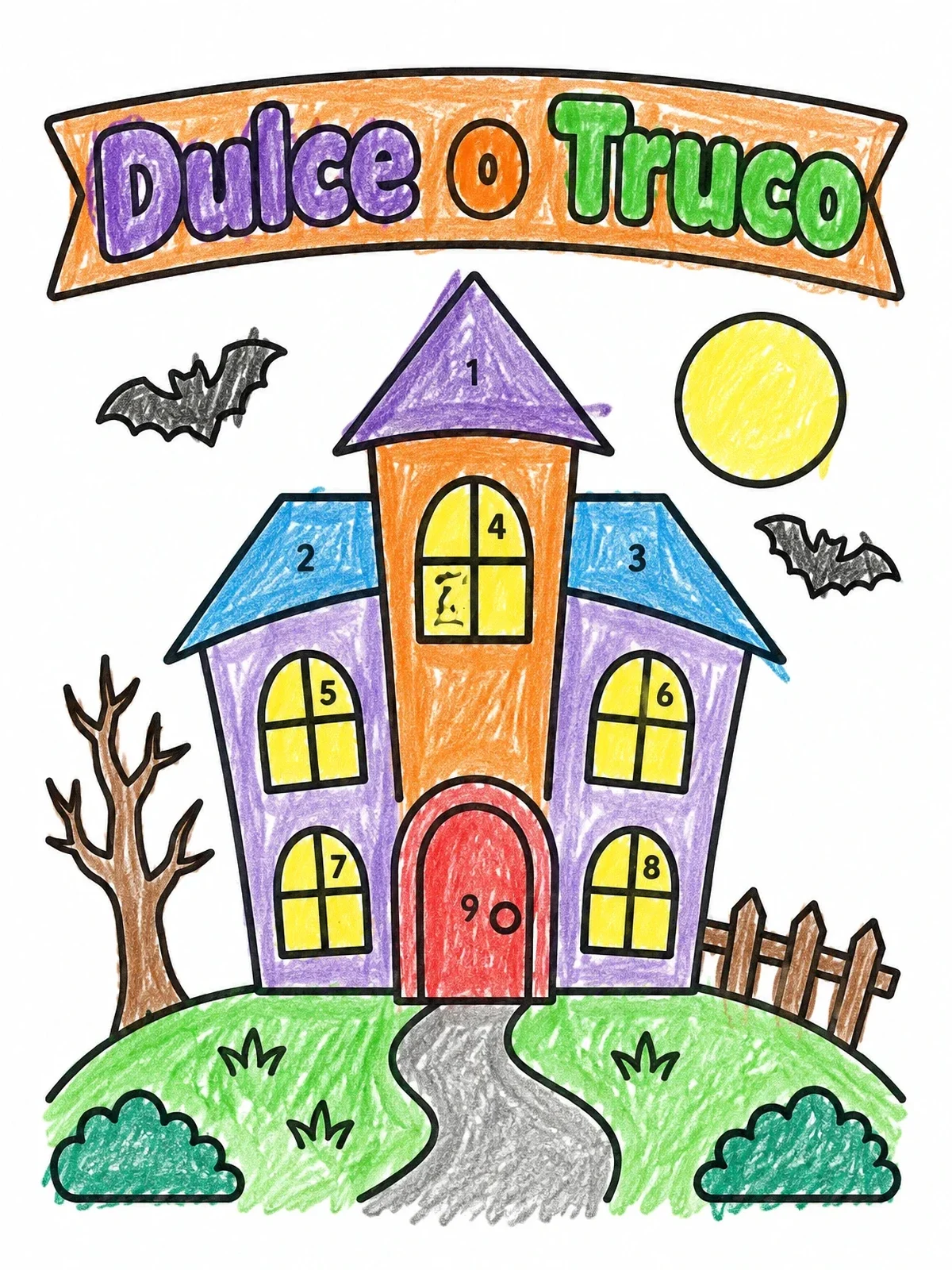 Colored example of the Dulce O Truco Haunted House coloring page