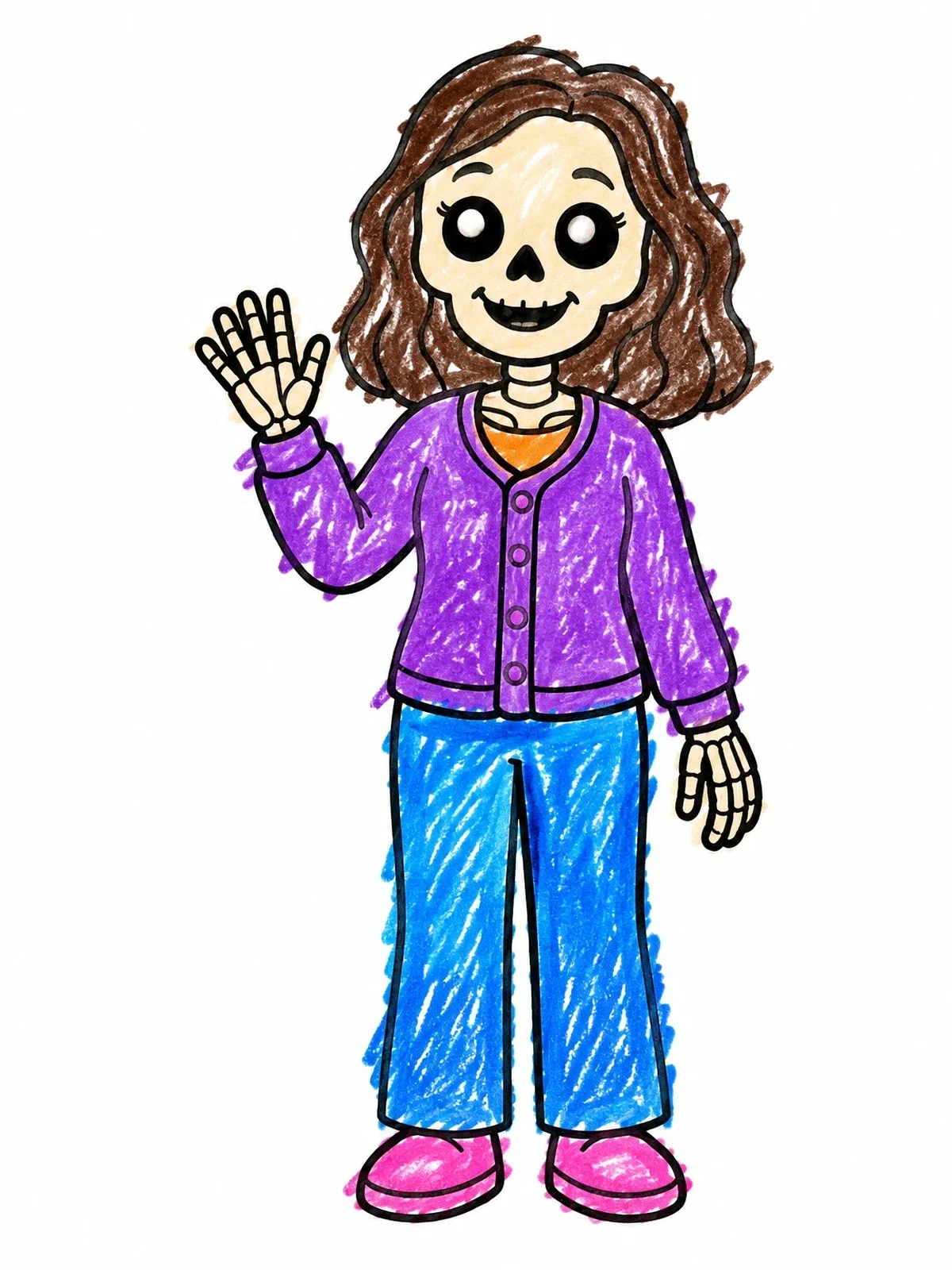 Colored example of the Friendly Skeleton In Casual Clothes coloring page
