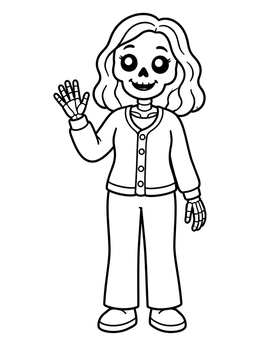 A cheerful skeleton waves in this spanish halloween coloring page.