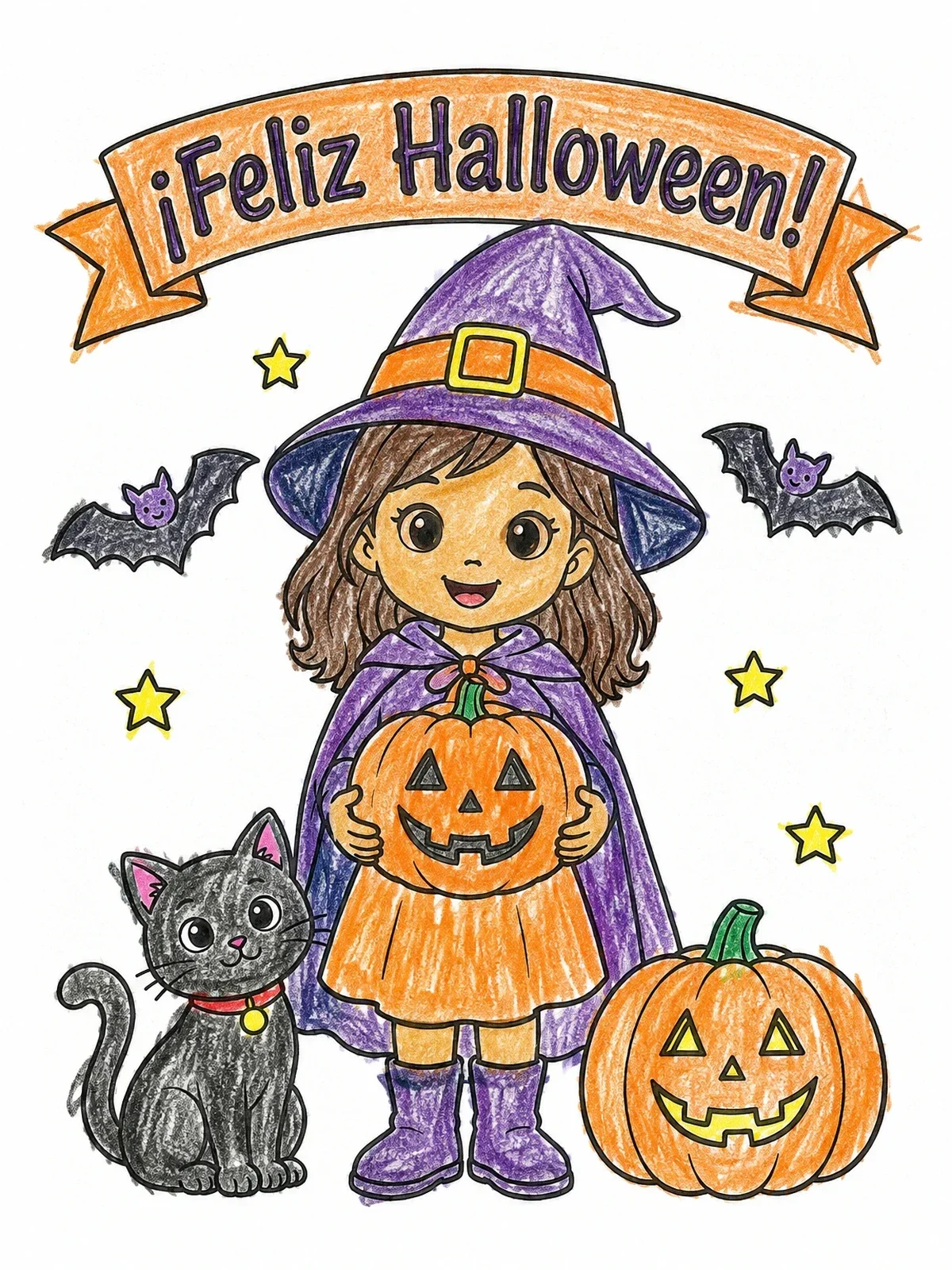 Colored example of the Little Witch Feliz Halloween Celebration coloring page