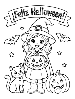A cute little witch holding a pumpkin in this spanish halloween coloring page with a cat and banner.