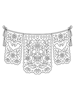 A decorative banner in this spanish halloween coloring page shows cut-out sugar skull and bat designs.