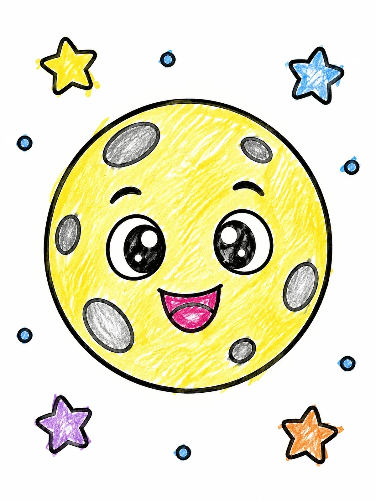 Colored example of the Smiling Full Moon With Stars coloring page
