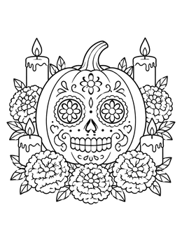 Free printable Sugar Skull Pumpkin With Marigolds coloring page