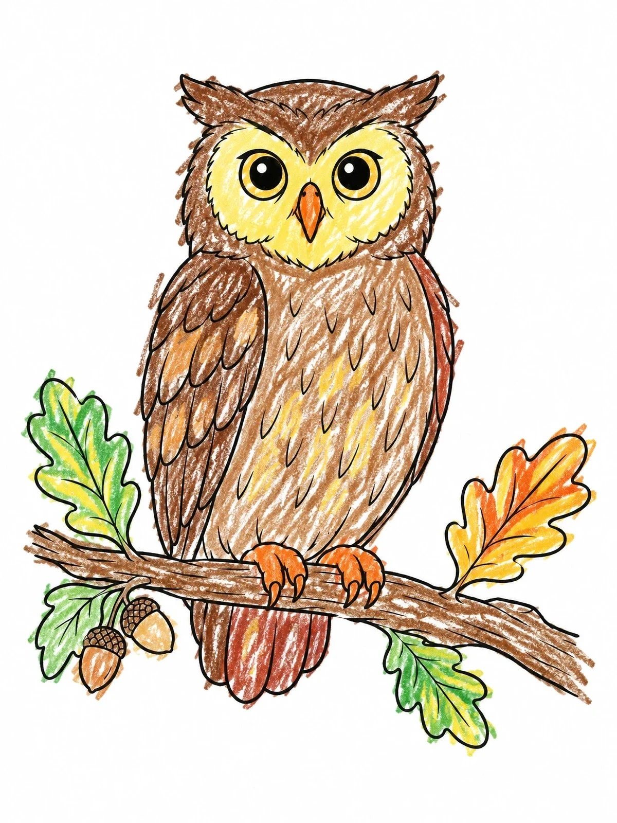 Colored example of the Wise Owl Perched On An Oak Branch coloring page