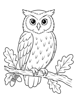 A wise owl sits on an oak branch with acorns in this spanish halloween coloring page.