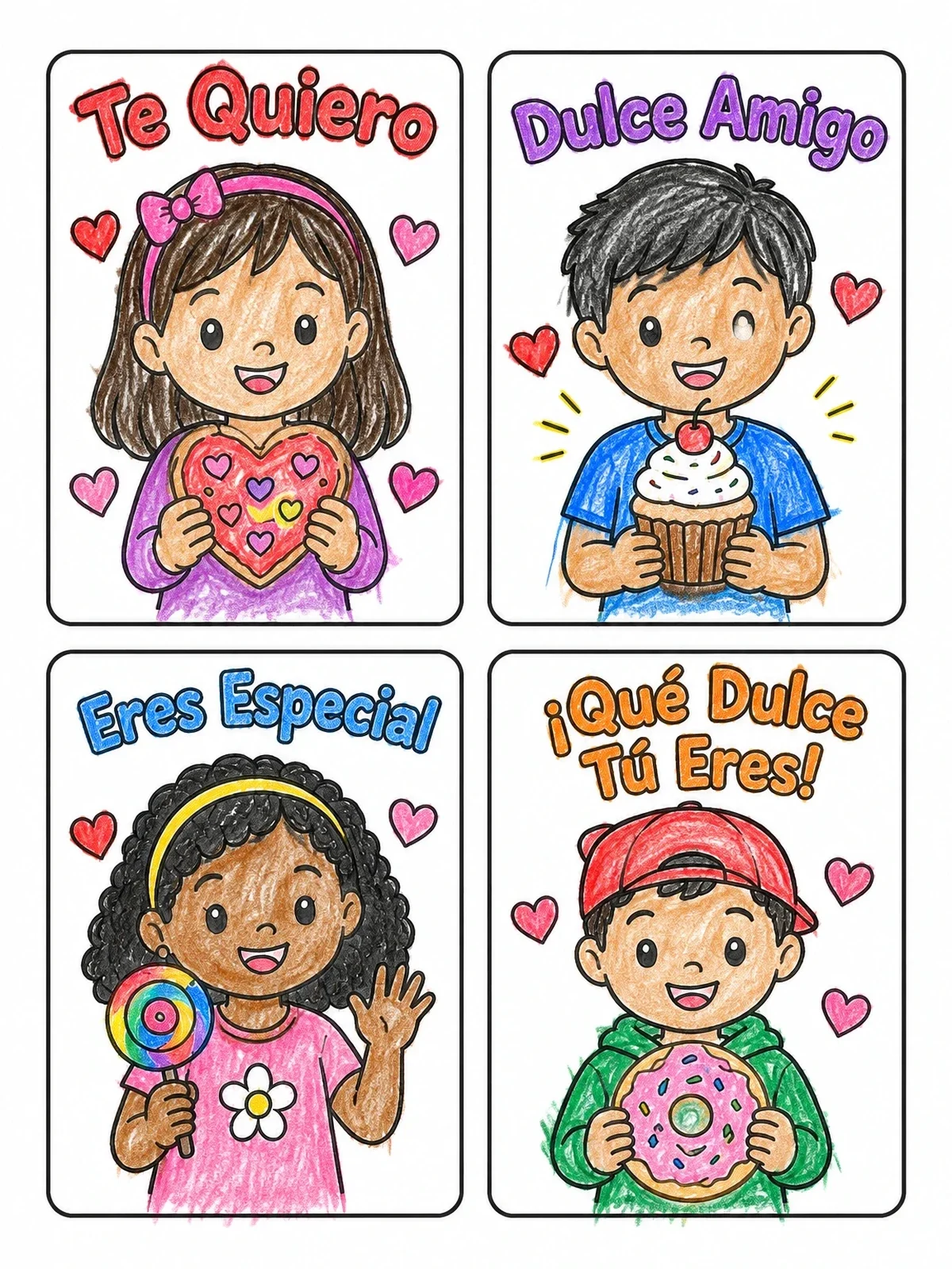 Colored example of the Spanish Valentine Mini Cards With Sweets coloring page