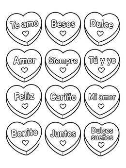 Free printable Spanish Candy Hearts Grid coloring page