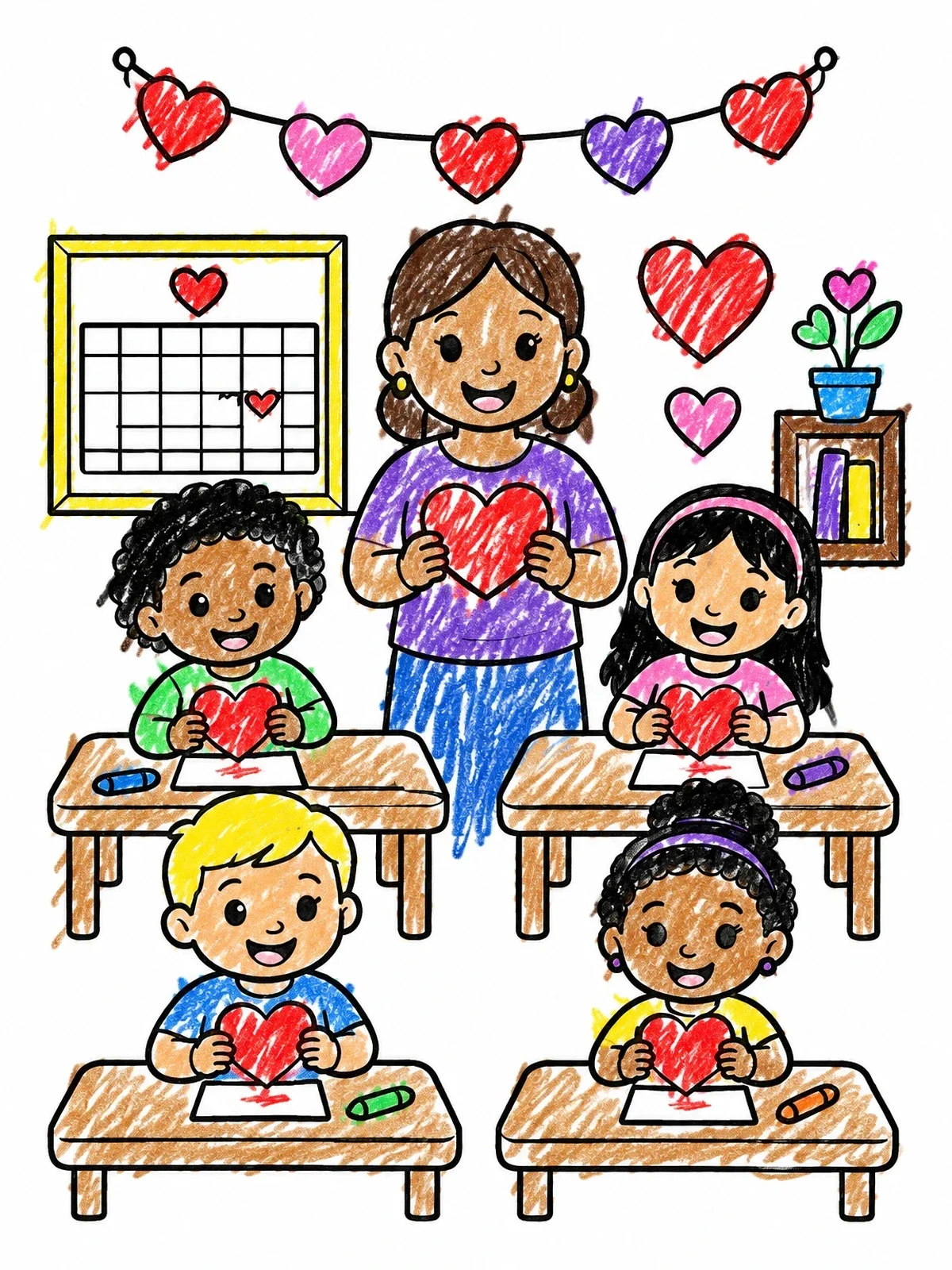 Colored example of the Valentine Classroom Heart Craft Celebration coloring page
