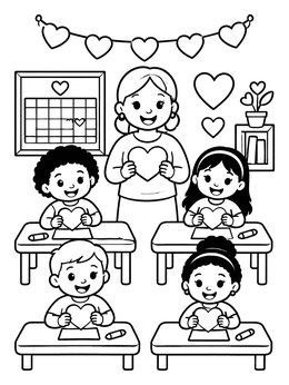 Free printable Valentine Classroom Heart Craft Celebration coloring page