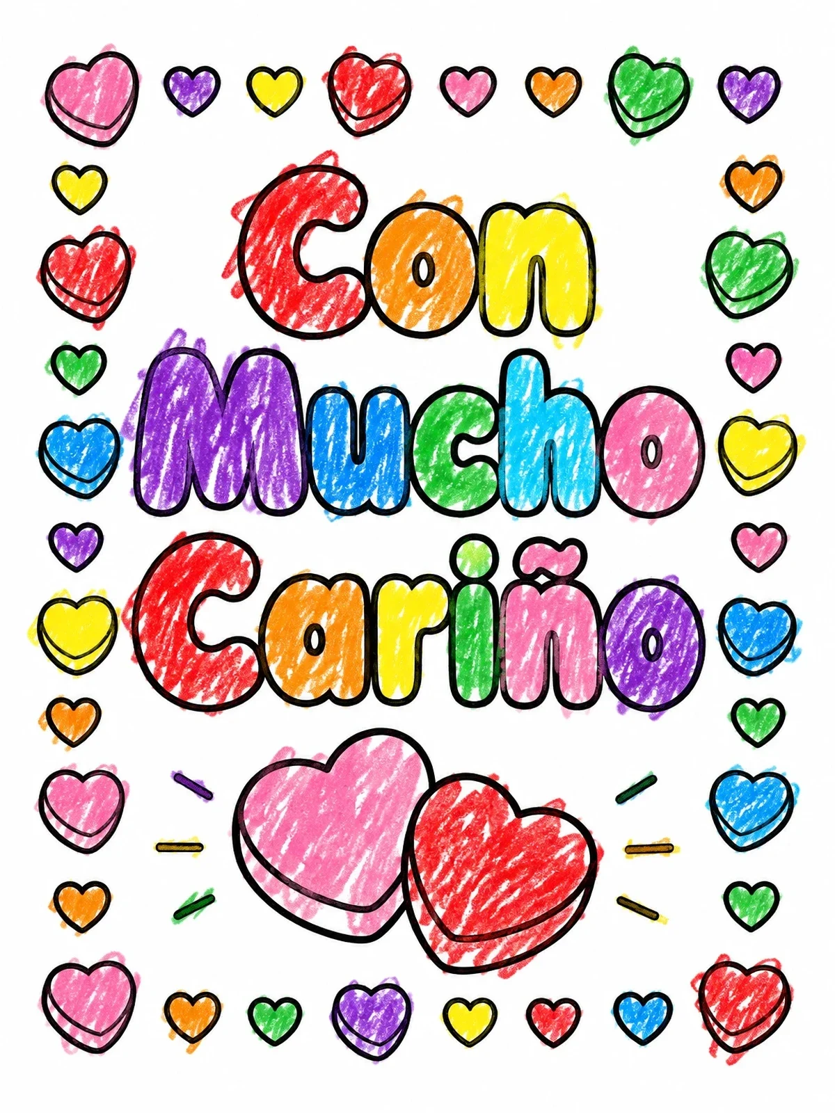 Colored example of the Spanish Valentine Con Mucho Carino coloring page