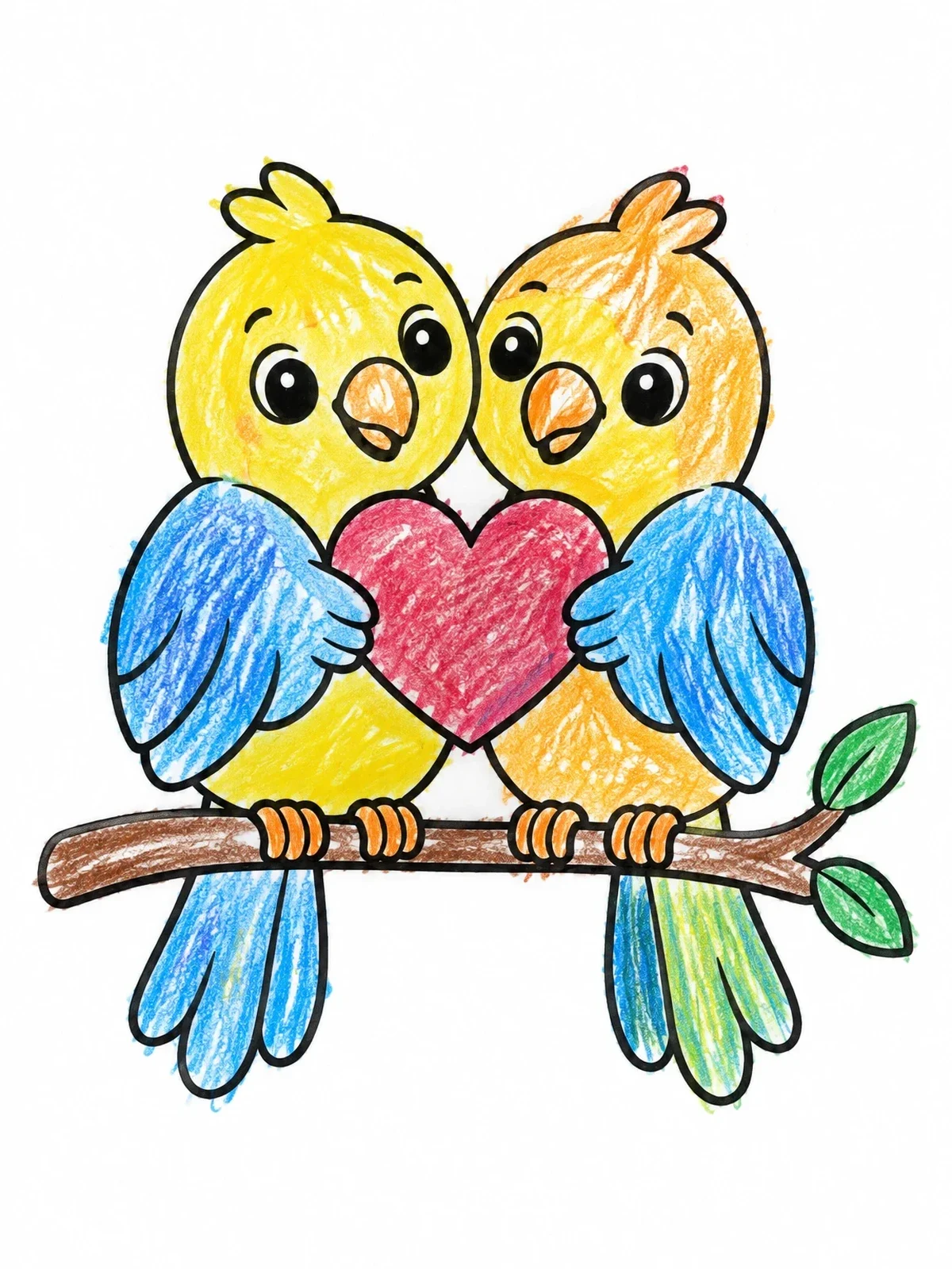 Colored example of the Cute Lovebirds Holding A Heart coloring page