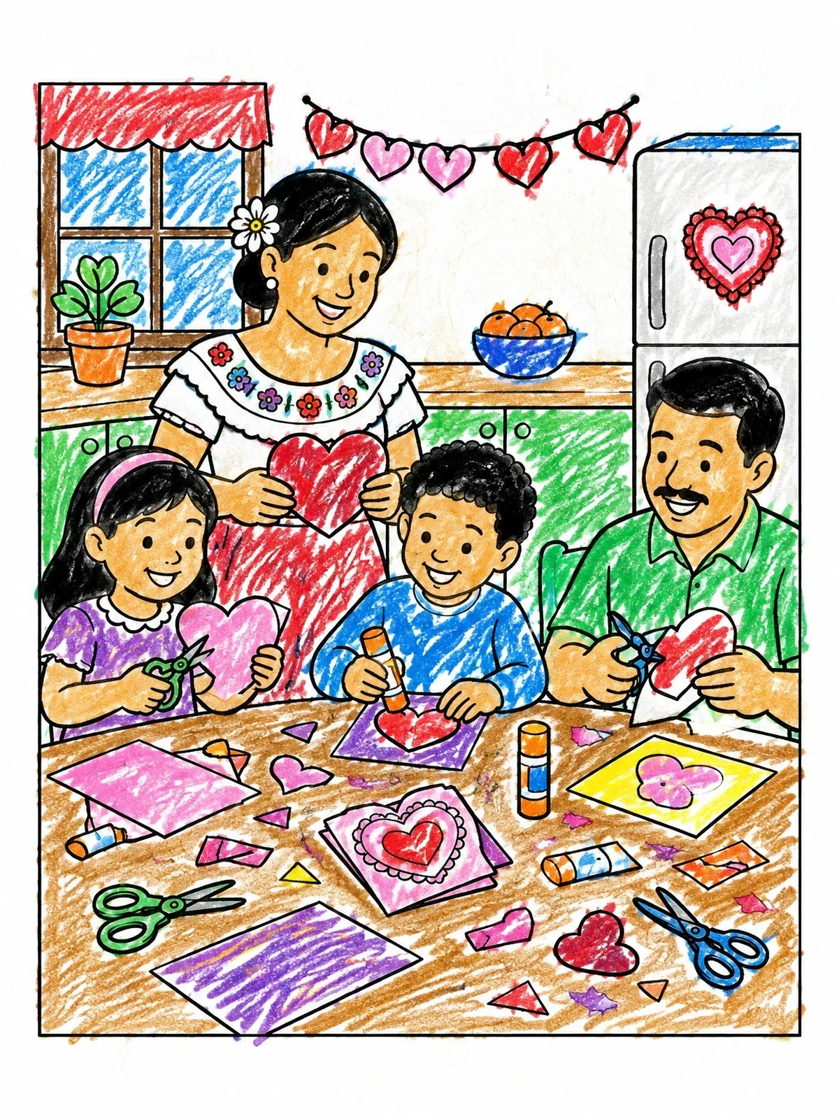 Colored example of the Family Crafting Valentine Cards Together coloring page