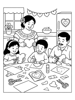Free printable Family Crafting Valentine Cards Together coloring page