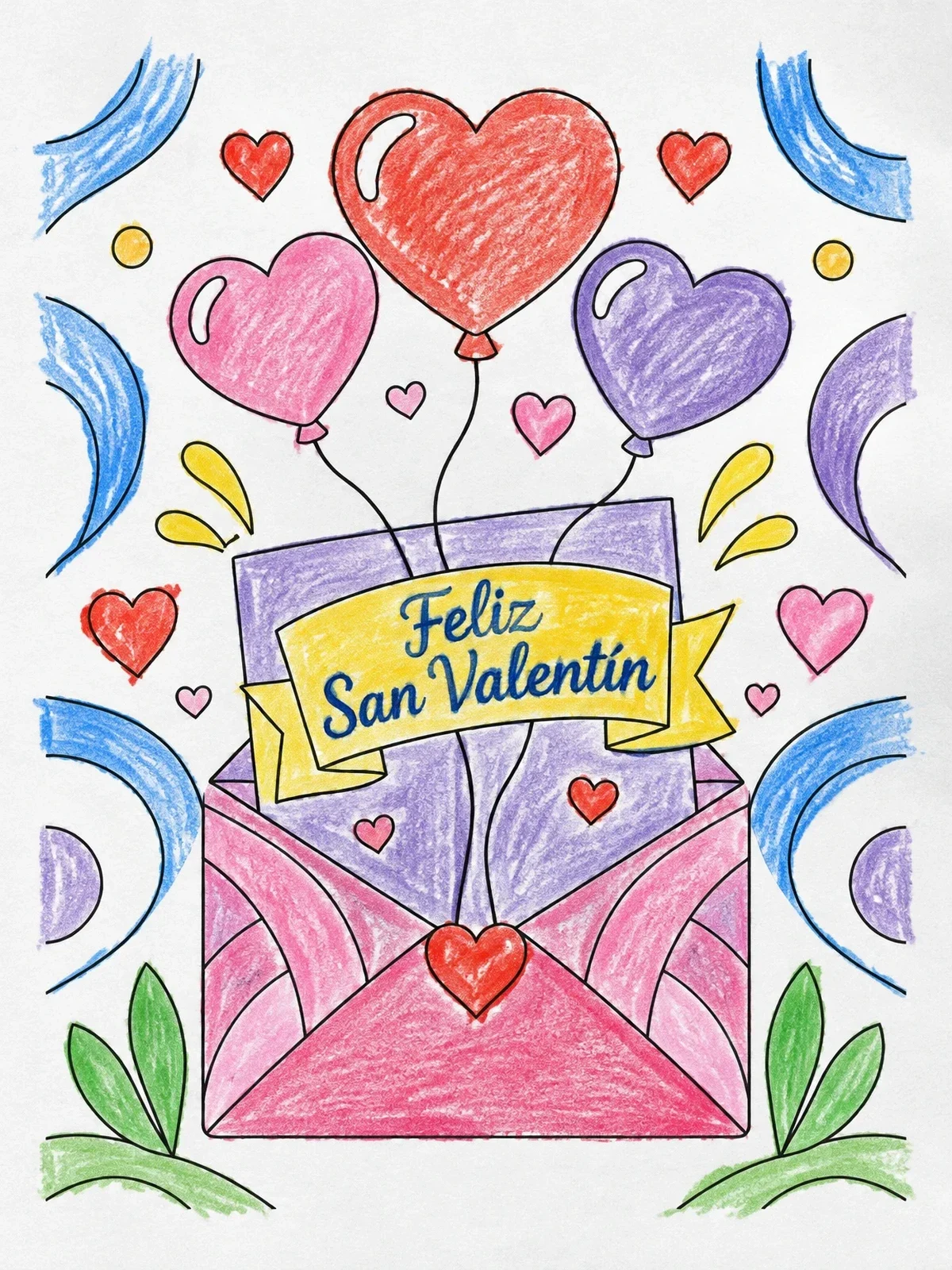 Colored example of the Feliz San Valentin Envelope Surprise coloring page