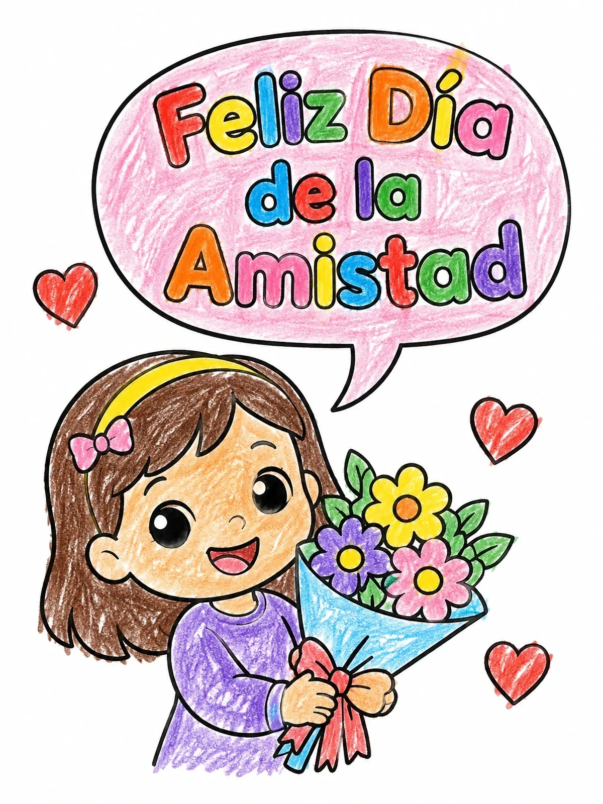 Colored example of the Girl Holding Friendship Bouquet coloring page