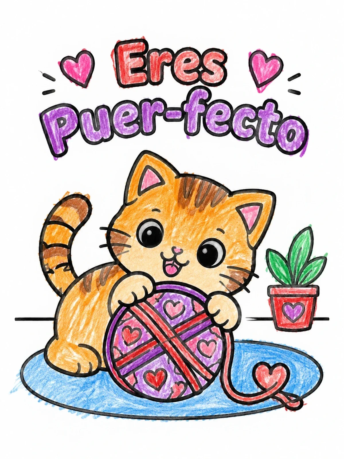 Colored example of the Kitten With Heart Yarn Ball coloring page