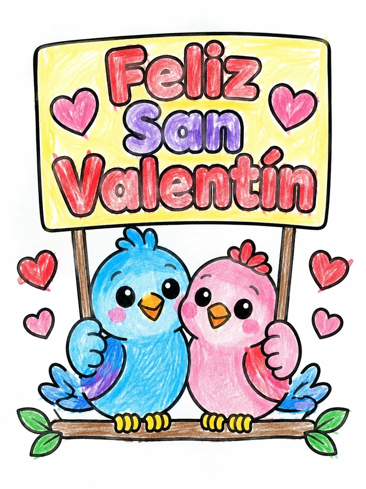 Colored example of the Cute Lovebirds With Valentine Sign coloring page