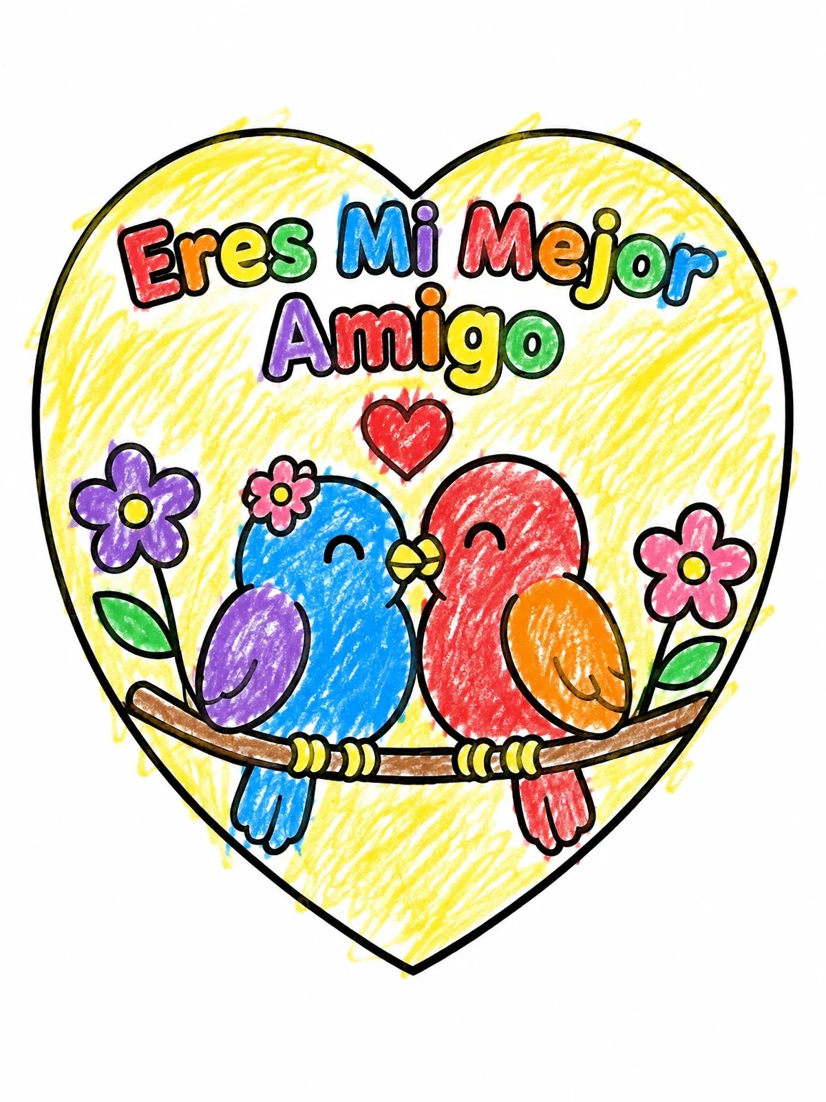 Colored example of the Lovebirds In Heart With Spanish Message coloring page