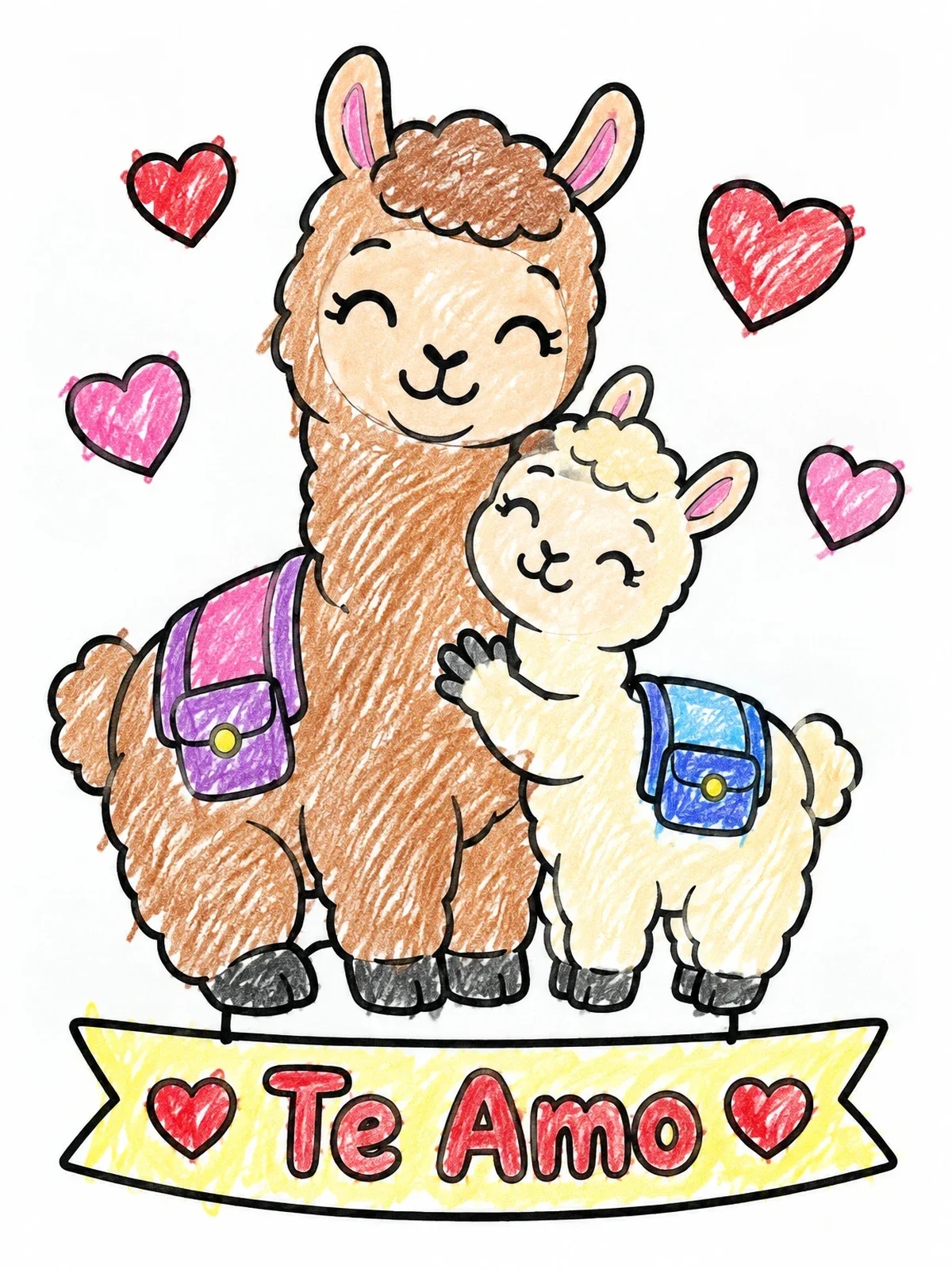 Colored example of the Loving Llamas With Te Amo Banner coloring page