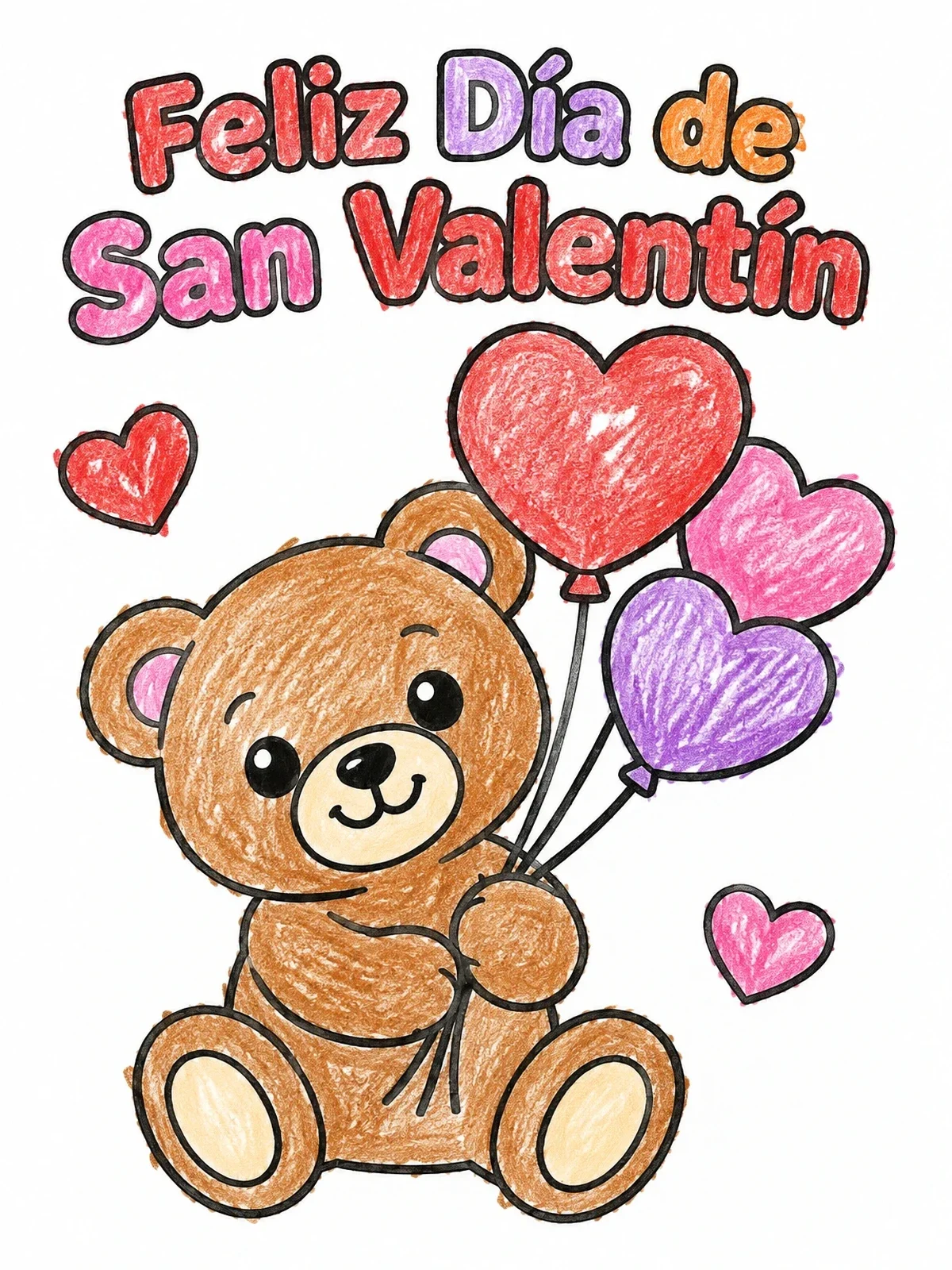 Colored example of the Teddy Bear Feliz Día De San Valentín coloring page