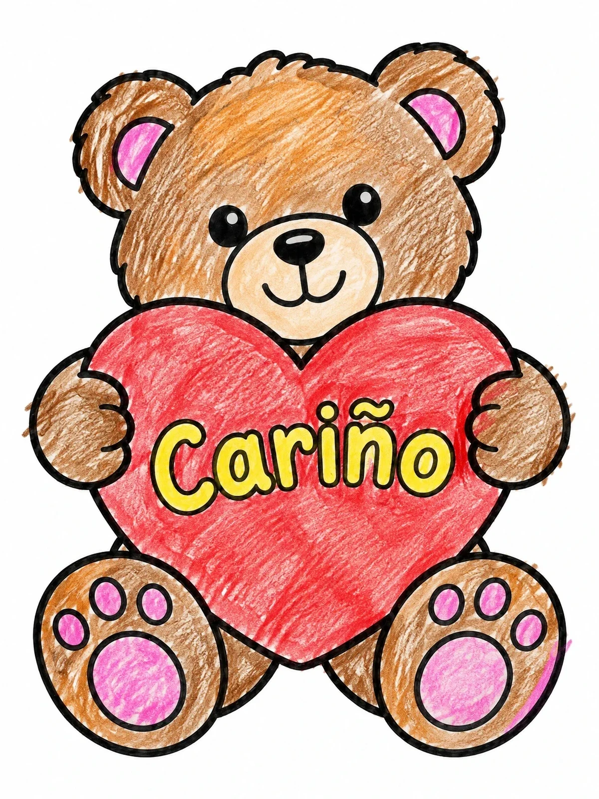 Colored example of the Teddy Bear Holding Cariño Heart coloring page