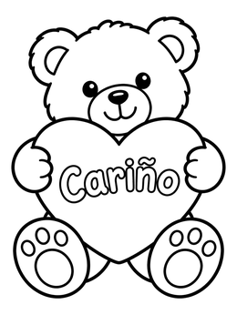 Free printable Teddy Bear Holding Cariño Heart coloring page