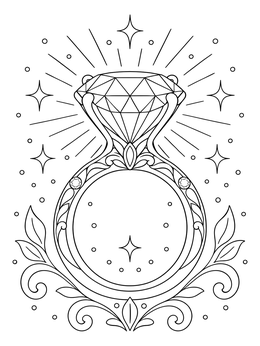 A sparkling diamond ring in an engagement coloring page surrounded by stars and flourishes.