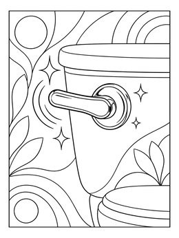 A sparkling toilet training coloring page highlighting a gleaming flush handle with decorative patterns.