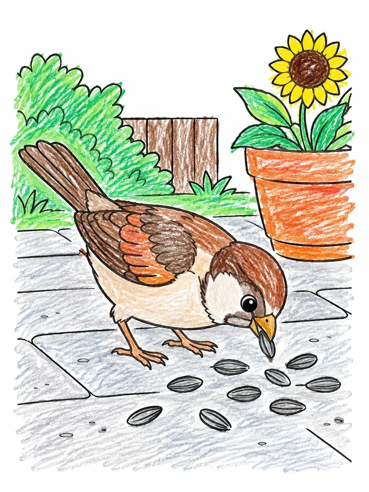 Colored example of the Little Sparrow Eating Sunflower Seeds coloring page