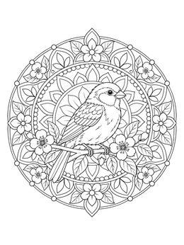 A detailed sparrow coloring page framed inside a circular floral mandala pattern.
