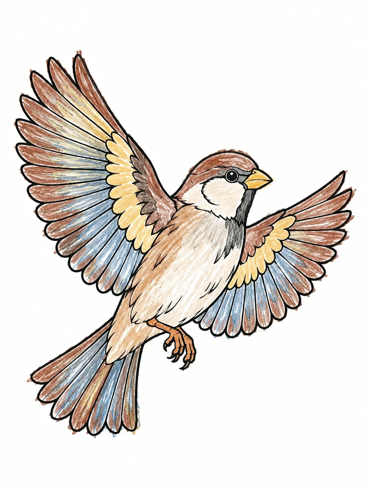 Colored example of the Sparrow Flying With Spread Wings coloring page