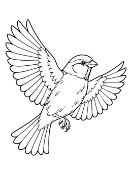 A detailed sparrow coloring page showing a songbird in dynamic flight.